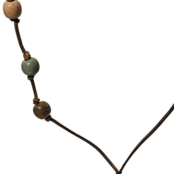 Handmade Boho Leather Beaded Necklace Multicolor Wooden Beads Earthy Jewelry - Picture 2 of 5